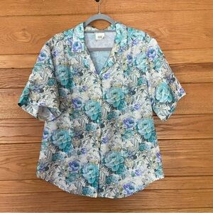 Vintage 80s Nikki blue green floral short sleeve button front top